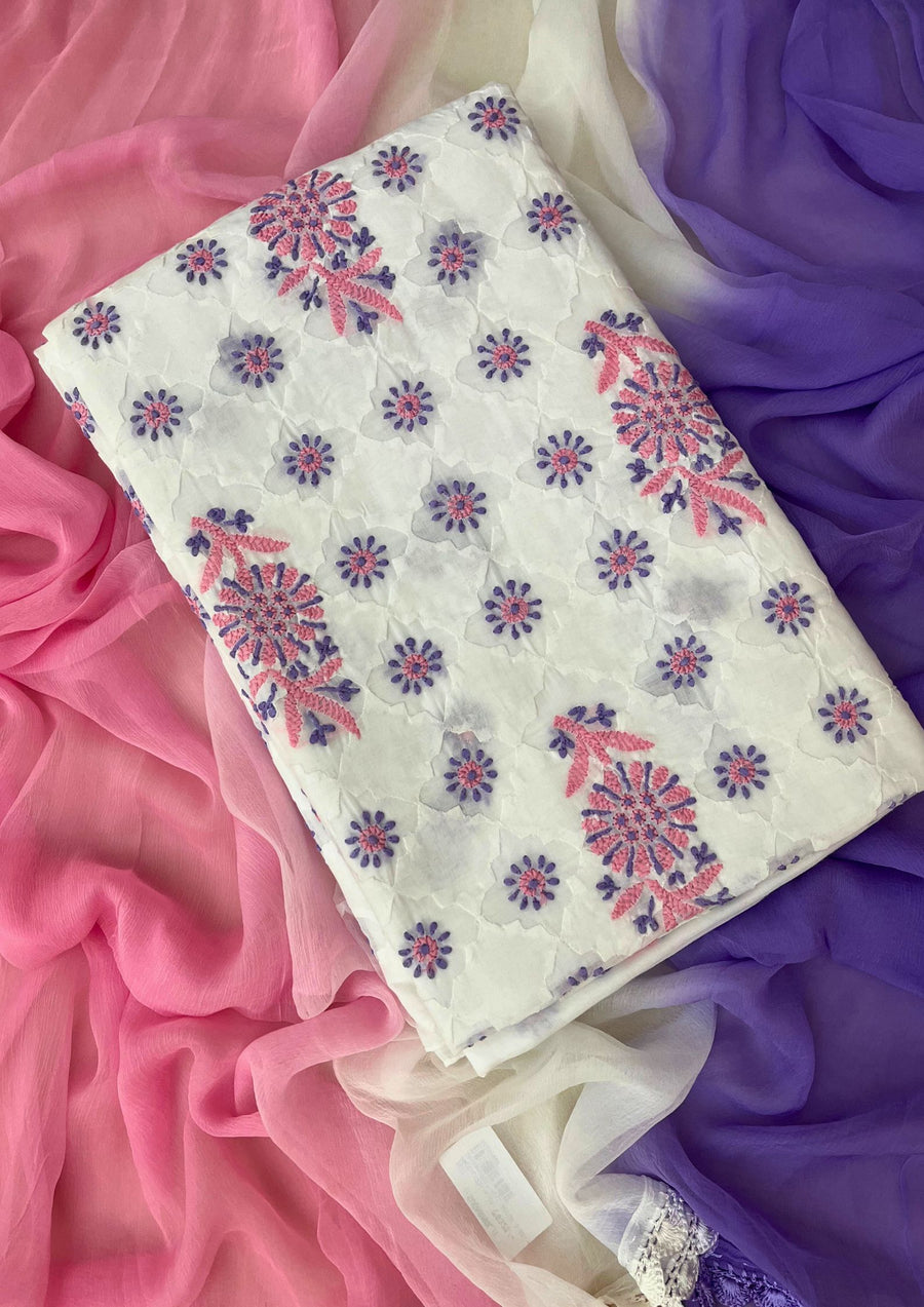 Cotton Chikankari Unstitched Suit - pink and purple