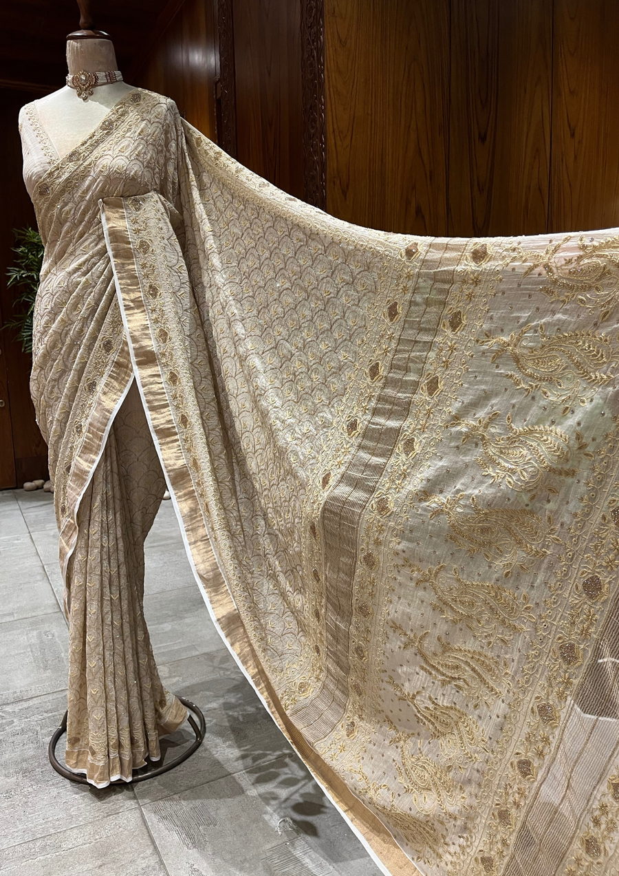 Tissue Chikankari Saree - Natural Gold
