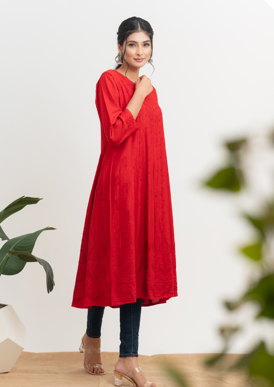 Chanderi Chikankari A-line Kurta - Red