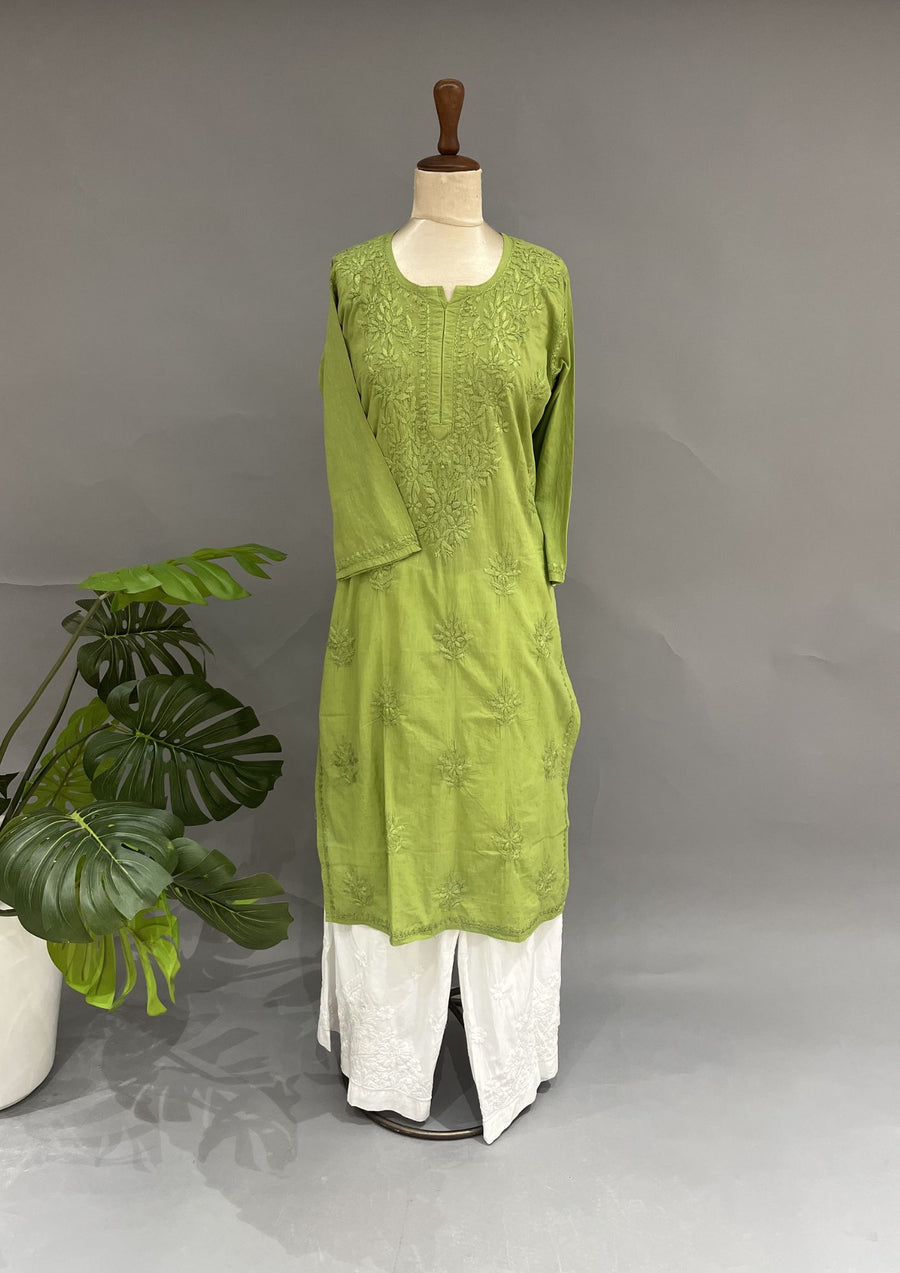 Cotton Chikankari Kurti - Tea Green