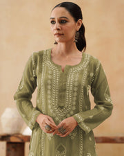 Mul Chikankari Long Kurti - Olive Green