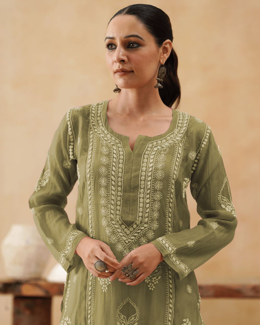 Mul Chikankari Long Kurti - Olive Green