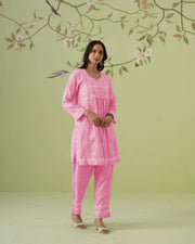 Muslin Chikankari Co-ord Set - Fuchsia Pink