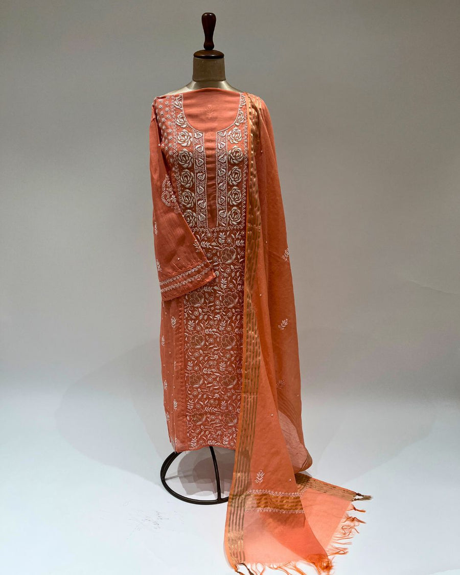 Mul Chikankari Unstitched 2pc Suit - Melon Orange