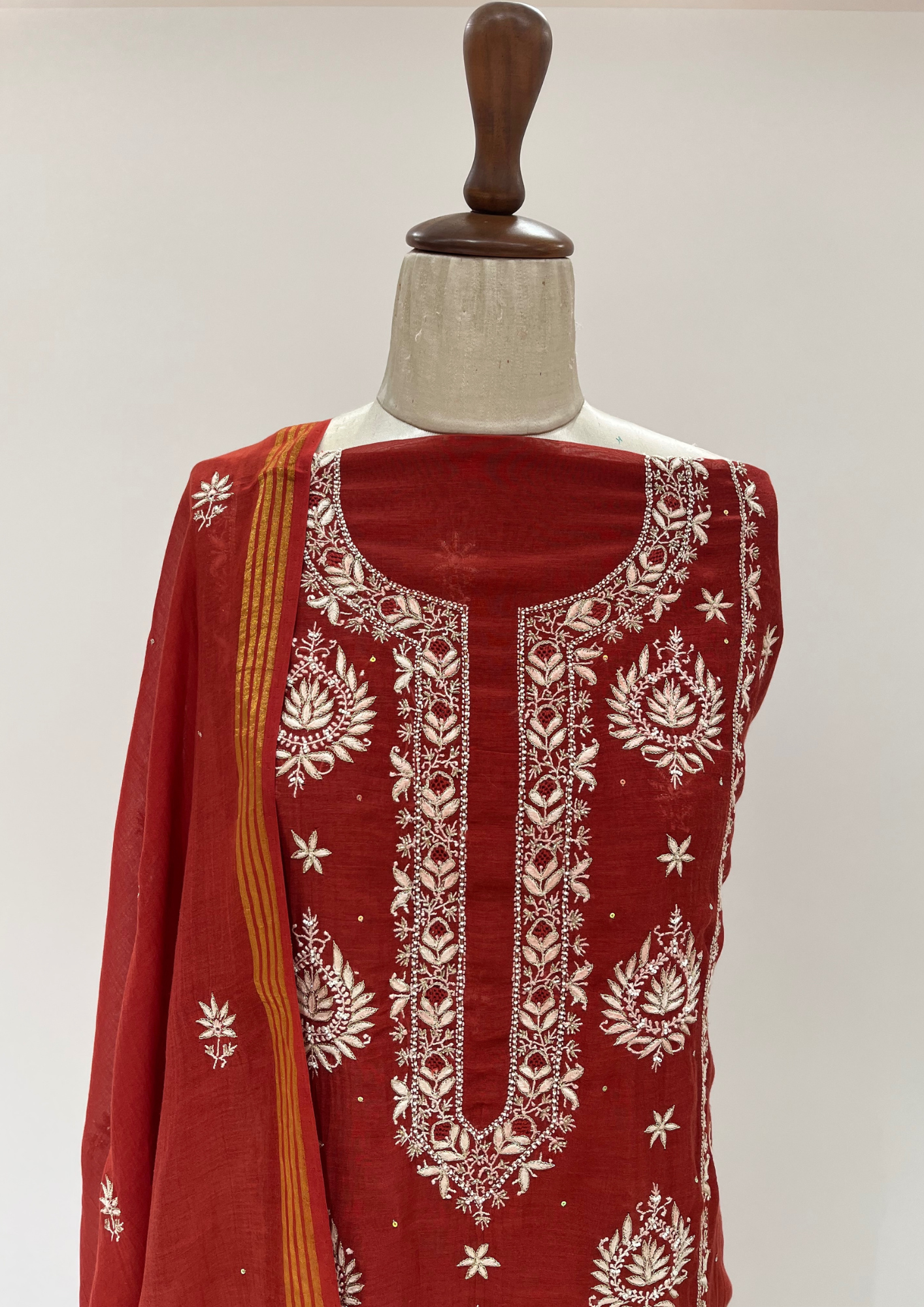 Mul Chanderi Chikankari Unstitched Suit - Blood Red