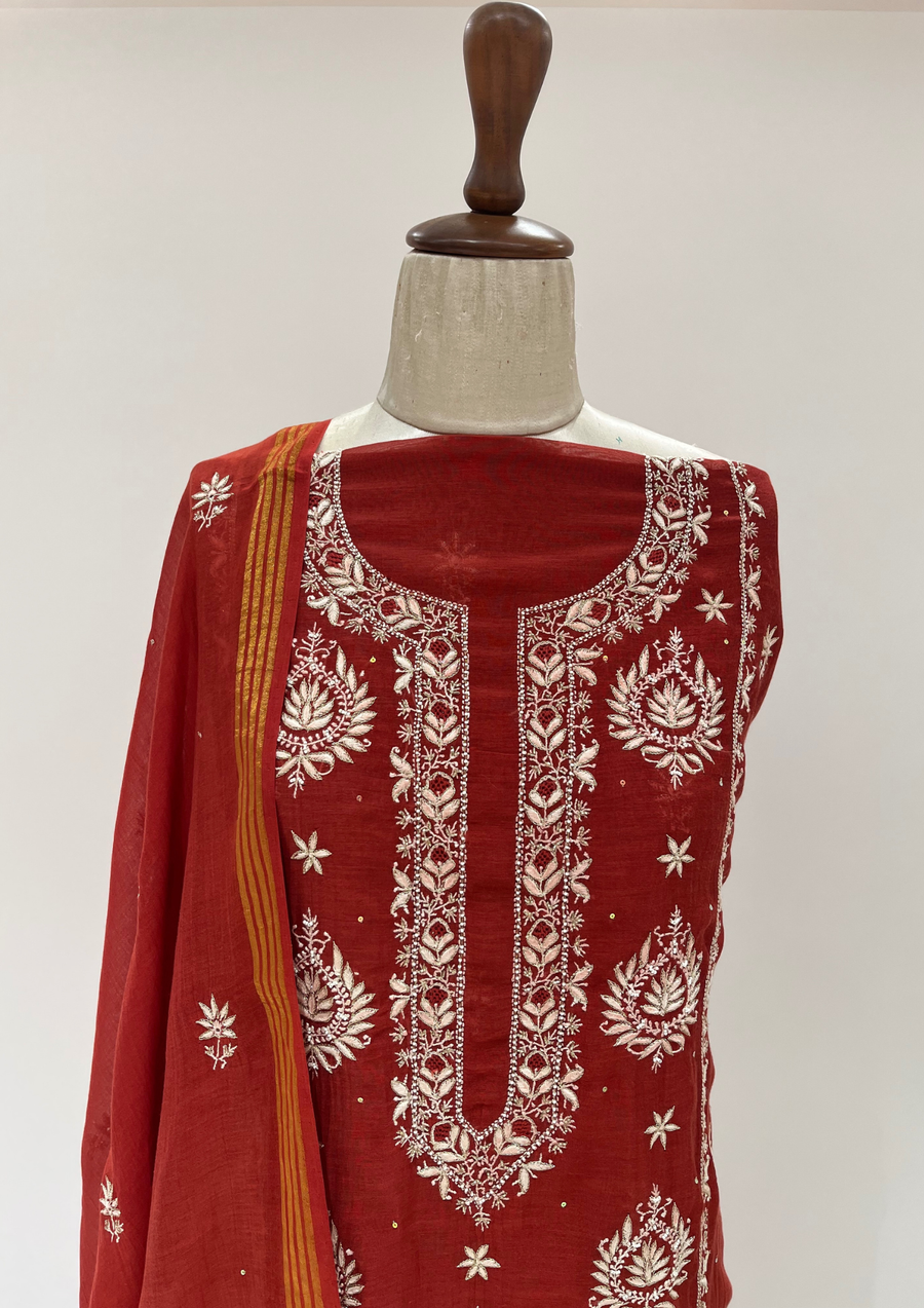 Mul Chanderi Chikankari Unstitched Suit - Blood Red