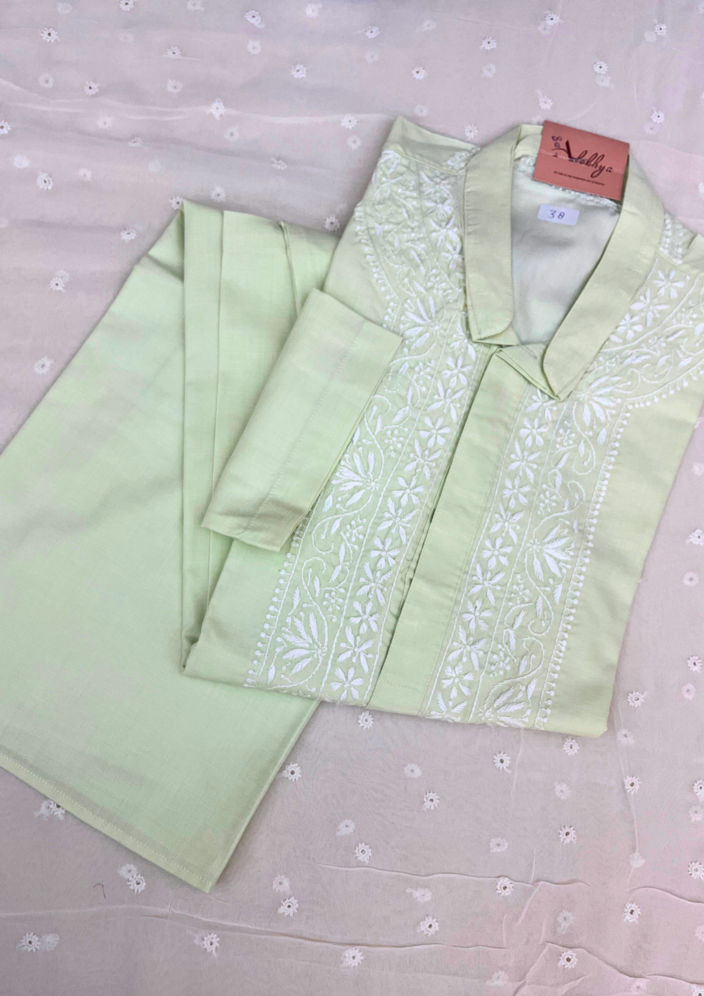 Cotton Chikankari Stitched Mens Kurta - Mint Green