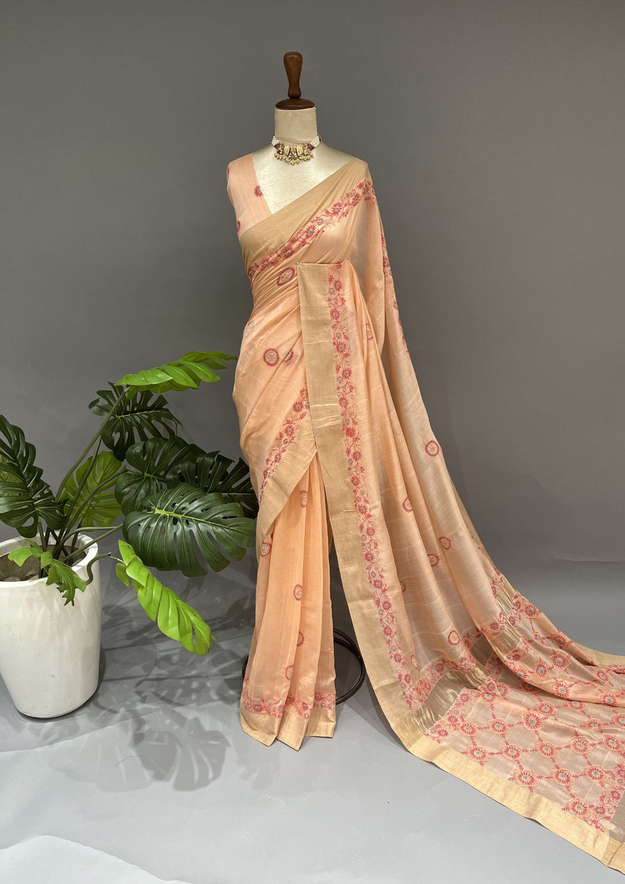 Chanderi Chikankari Saree - Carrot Orange