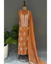 Mul Chanderi Chikankari Unstich 2pc suit - Rusty Orange