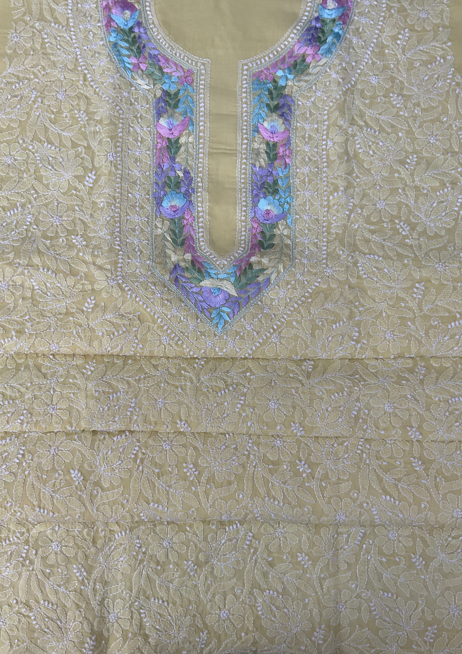 Cotton Chikankari Unstitched Suit - Lime Yellow