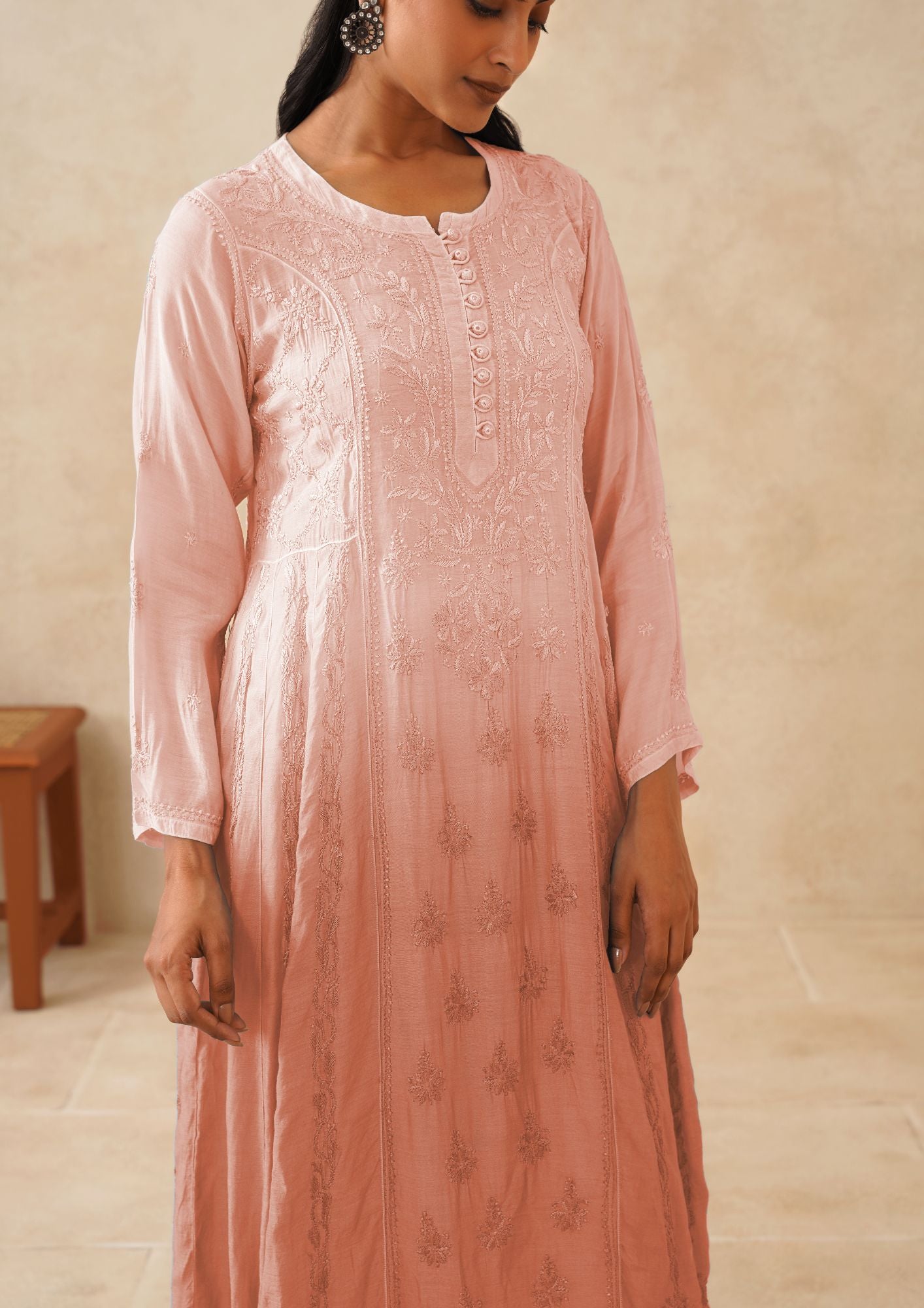 Muslin Chikankari Long Kurti - Ombre Rose Gold
