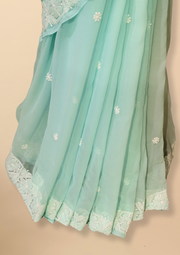 Georgette Chikankari Saree - aqua blue