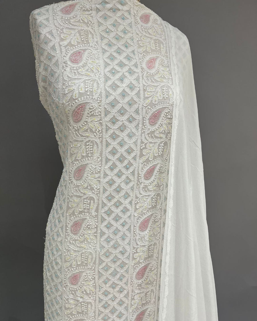 Viscose Chikankari Unstitched Suit Set - White