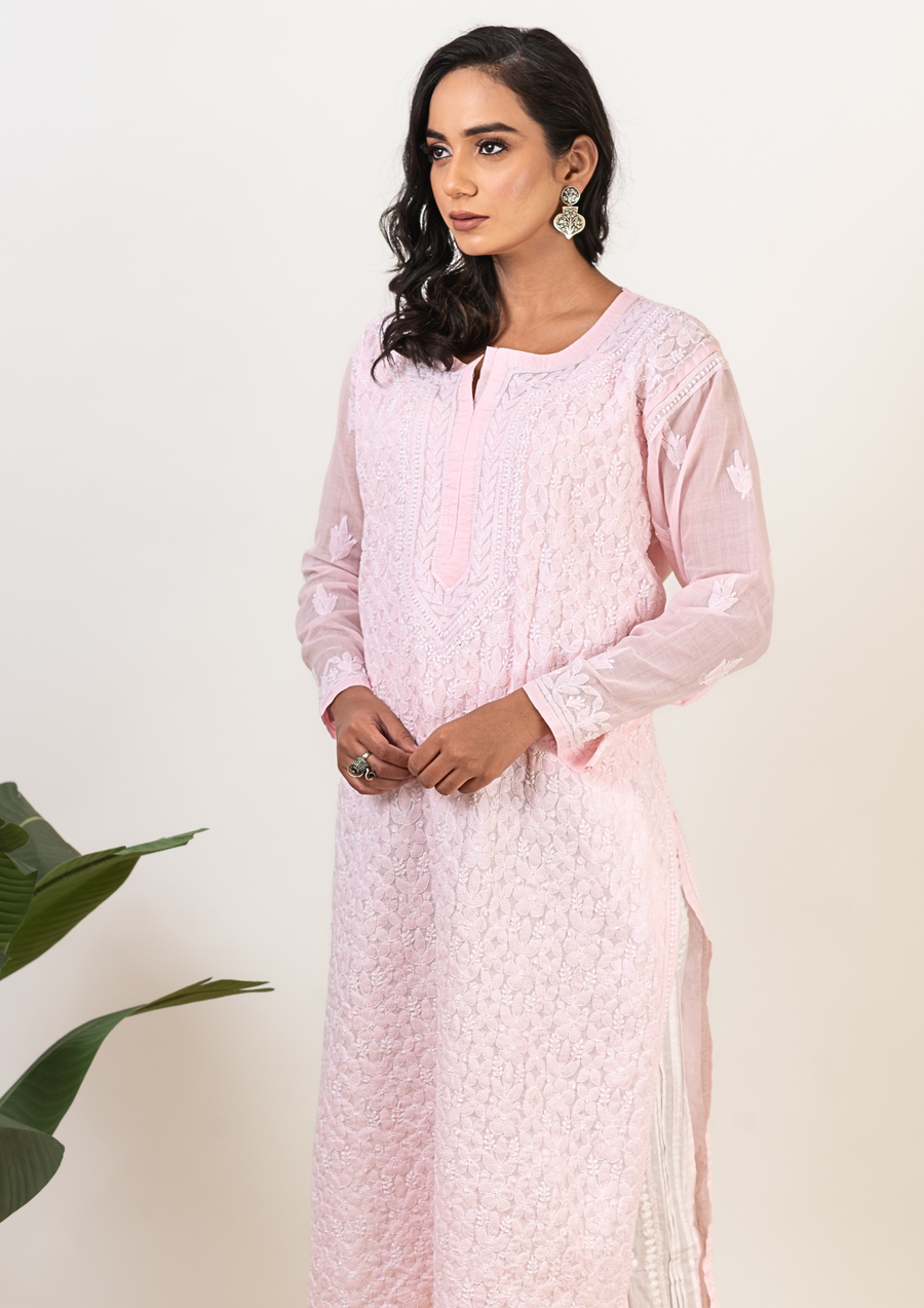 Cotton chikankari long kurti - soft pink