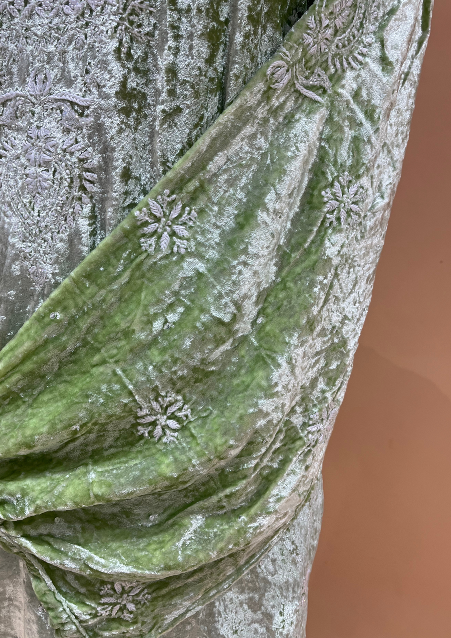 Velvet Chikankari Unstitched Coord Set - Mint Green