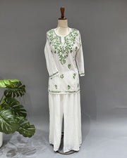 Cotton Chikankari Short Kurti - White & Green