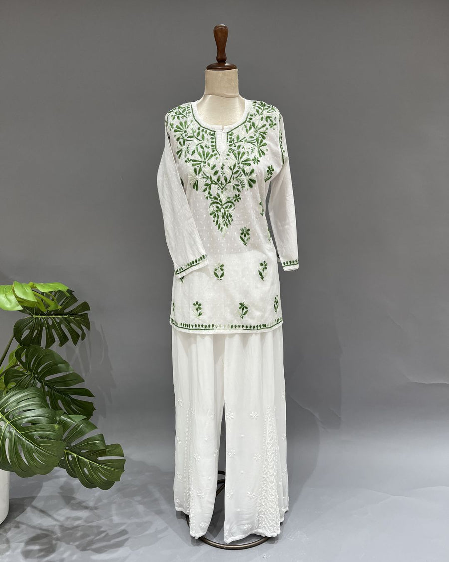 Cotton Chikankari Short Kurti - White & Green