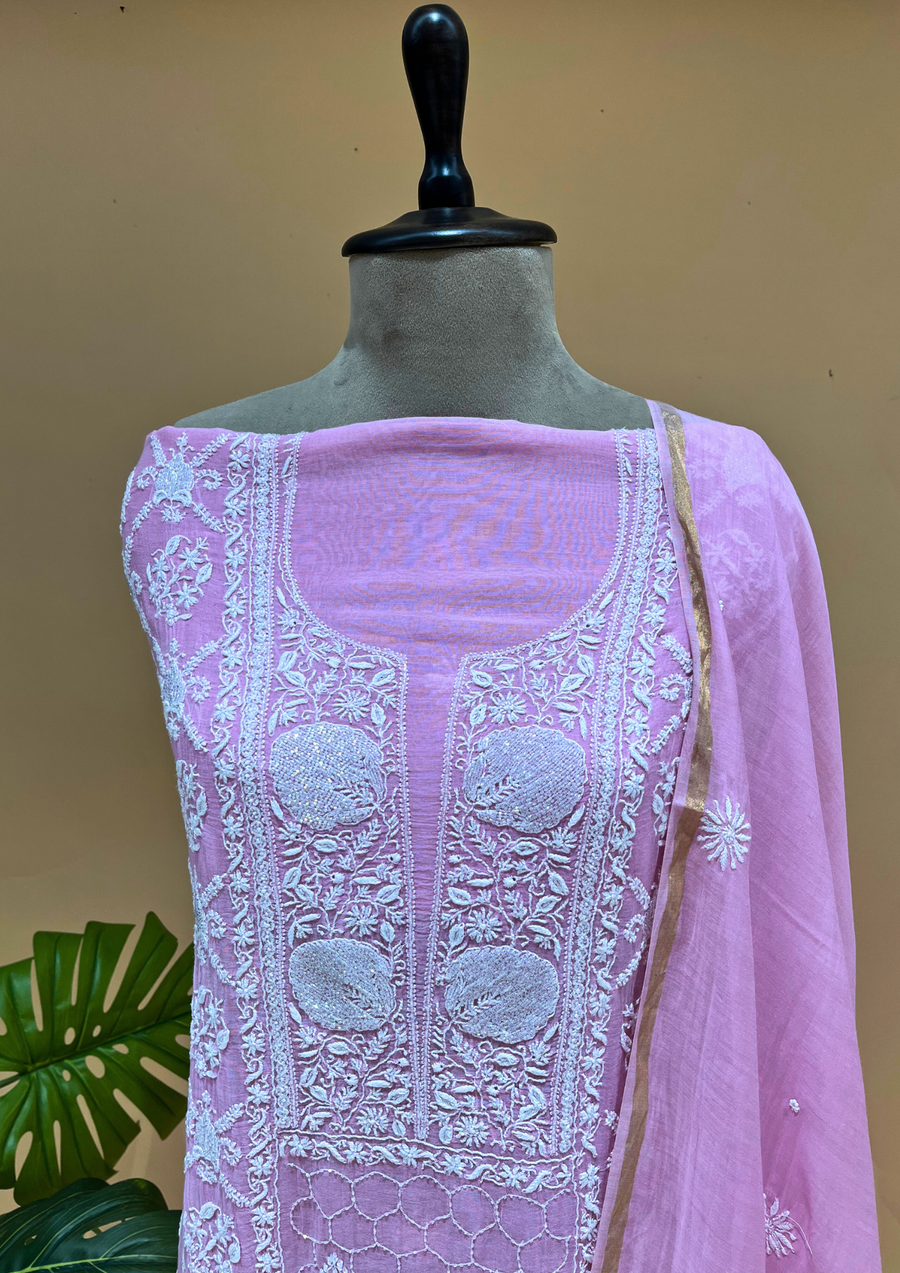 Chikankari Mul Chanderi Unstitched 2pc Suit - Cotton Candy