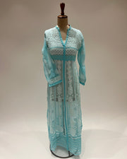 Georgette Anarkali Chikankari Kurta- Deep Sky Blue