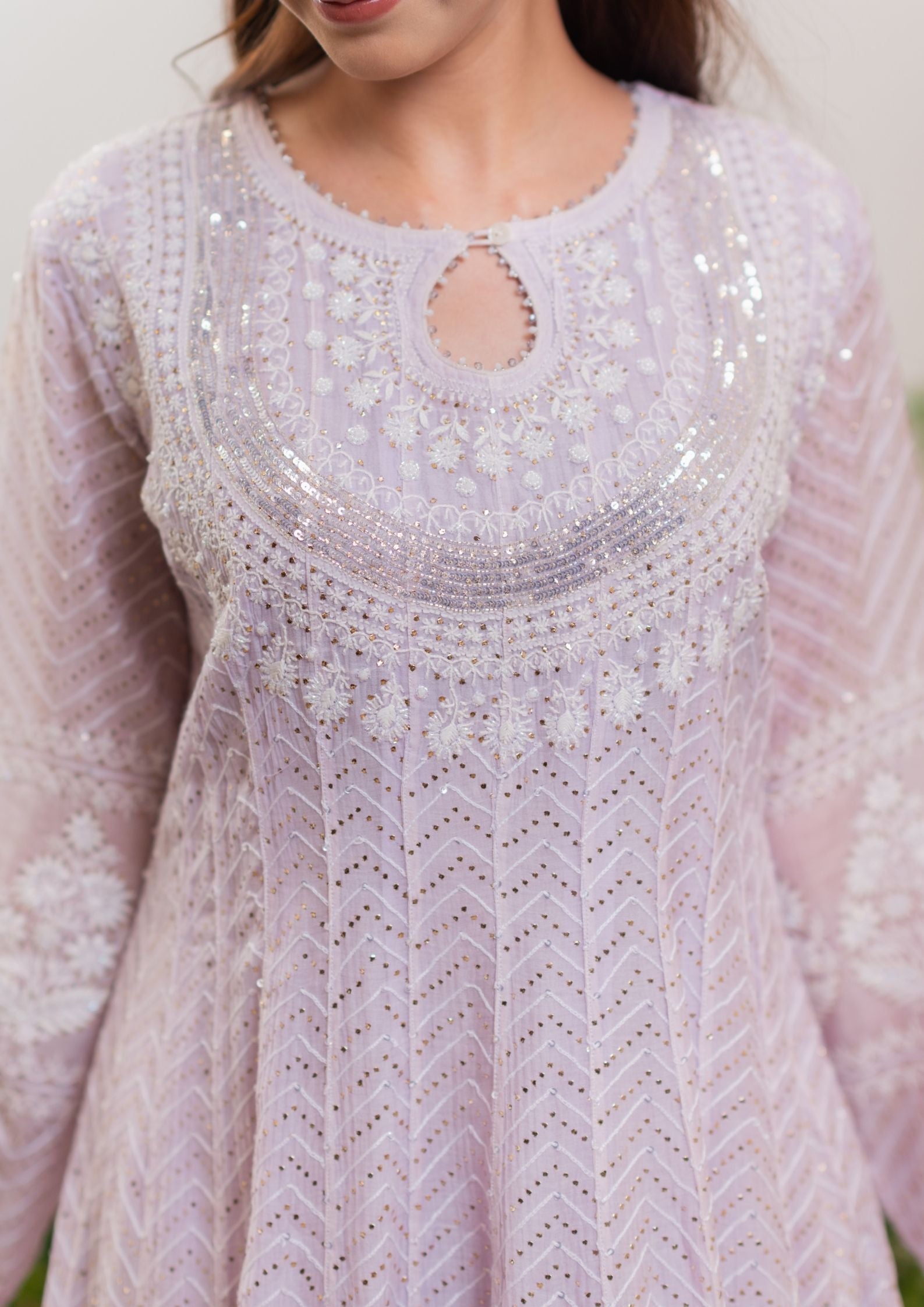 Mul Chanderi Chikankari Anarkali - Add on Mukaish - Lilac