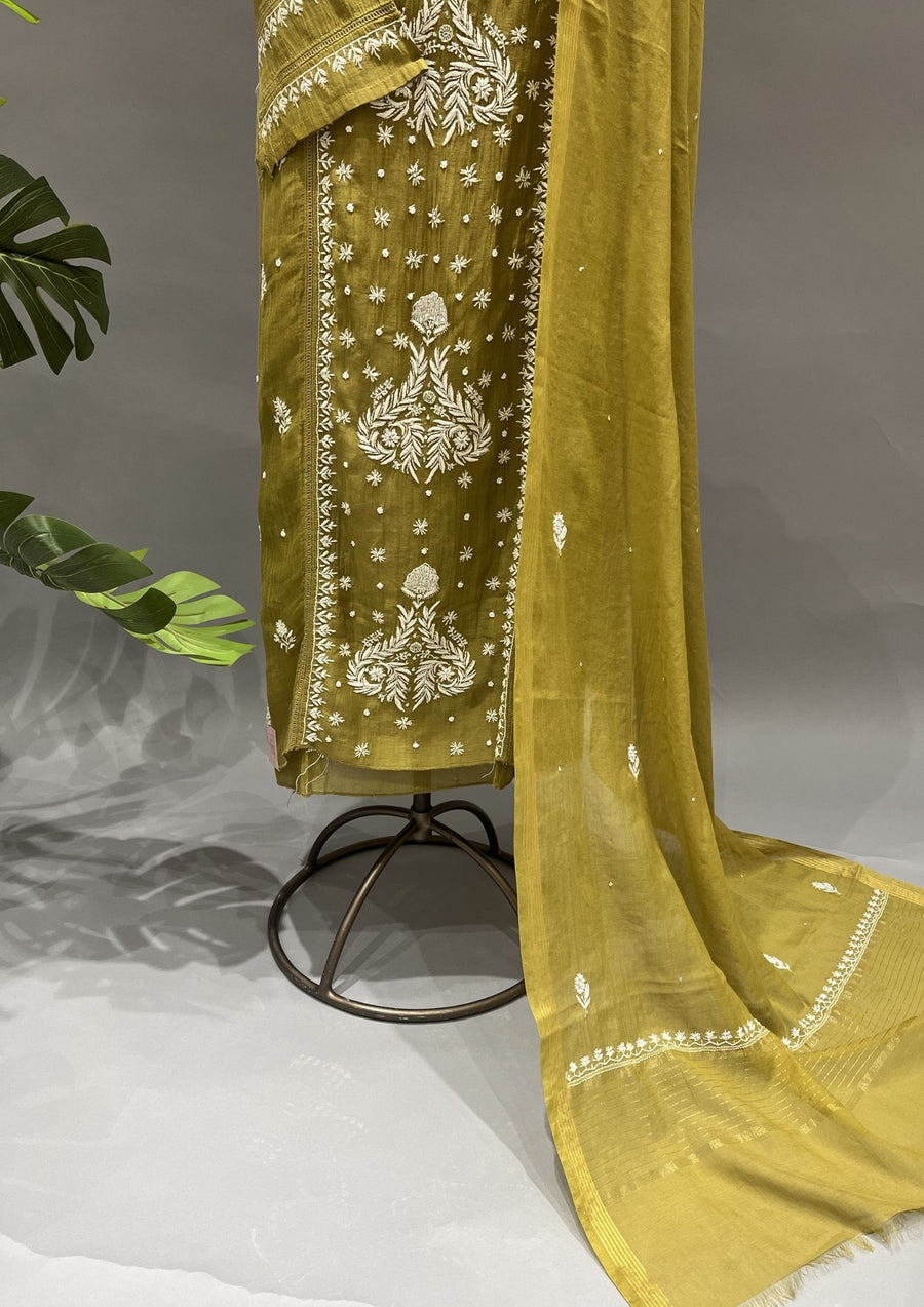 Mul Chanderi Chikankari Unstitch 2pc Suit Set - Olive Green