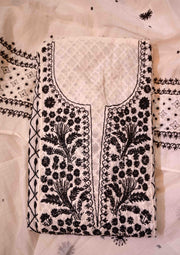 Women's Lucknowi Handcrafted Mul Chanderi Chikankari Semi - Stitched Kurta Dupatta Set- SC2413729