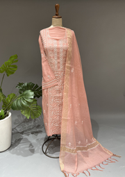 Chikankari Mul Unstitched Kurta And Dupatta Set  - Rose Pink
