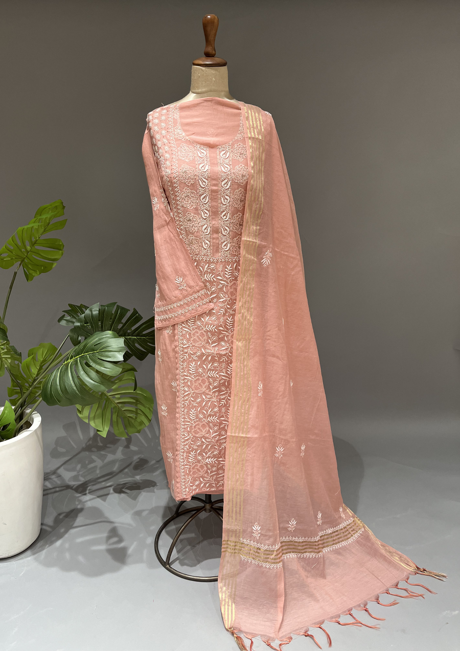 Chikankari Mul Unstitched Kurta And Dupatta Set  - Rose Pink