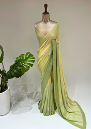 Pure Georgette Chikankari Saree - Lime Green And Yellow Shaded