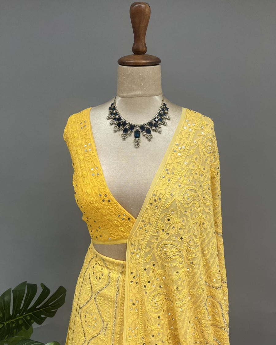 Viscose Chikankari Unstich Lehenga - Sunflower Yellow