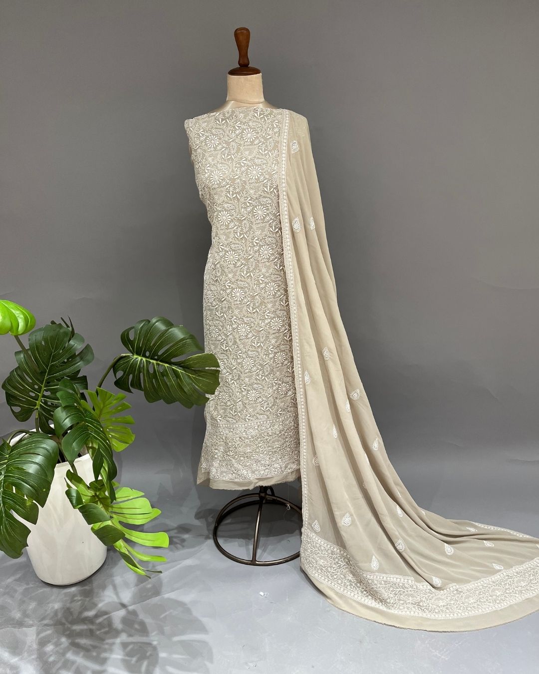 Pure Georgette Chikankari Unstitched 2pc Suit - Gris Pastel