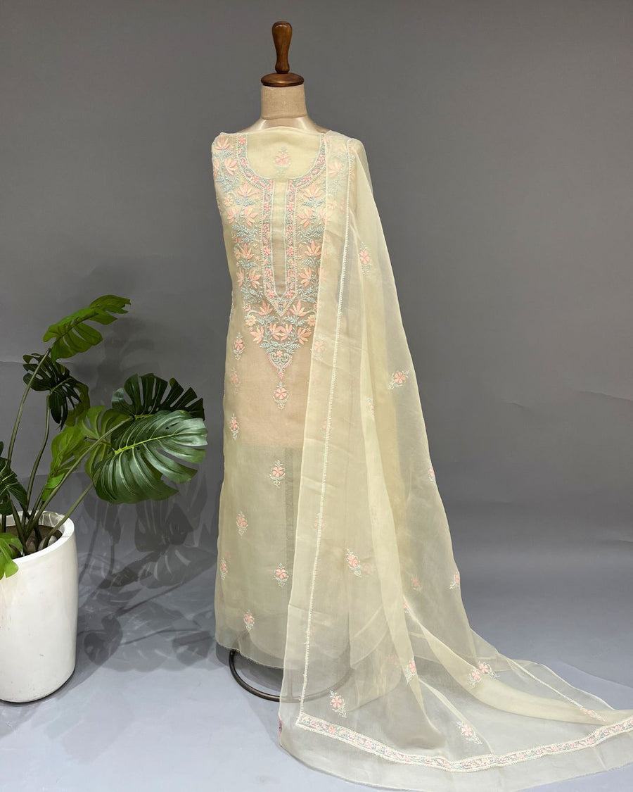 Chikankari Organza Unstitched Suit - Pista Green