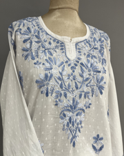 Cotton Chikankari Kurti - White and Blue