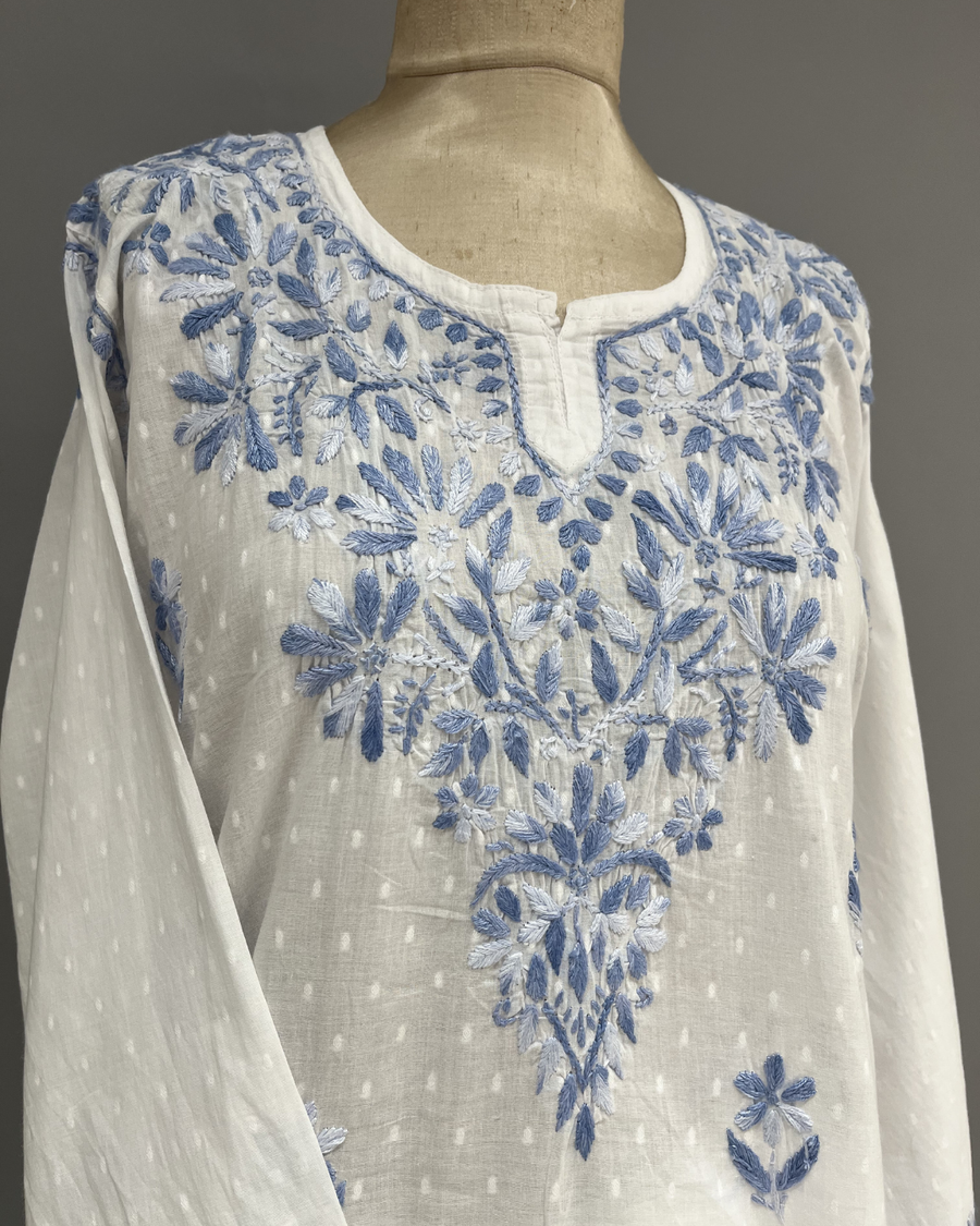 Cotton Chikankari Kurti - White and Blue