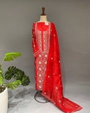 Organza Chikankari Unstitch 2pc Suit - Blood Red
