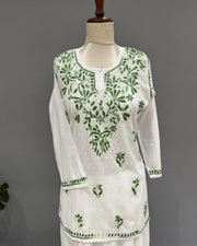 Cotton Chikankari Short Kurti - White & Green