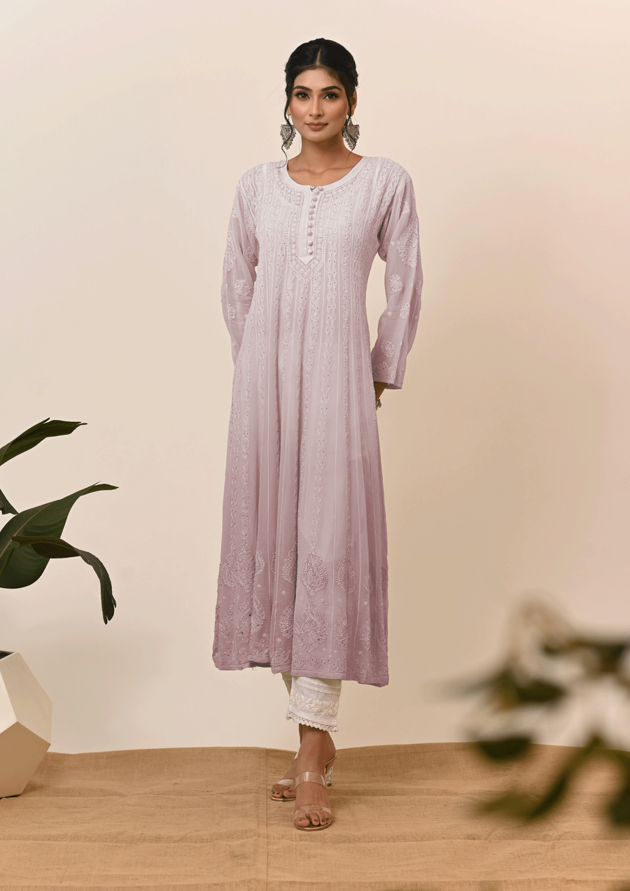 Georgette Anarkali Chikankari Kurta - Ombre Amethyst Whisper