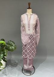 Organza Chikankari Semistitch Co-ord Set - Burgundy