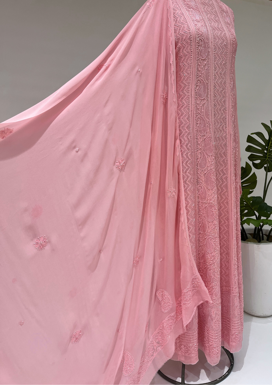 Viscose Chikankari Semistitched Anarkali - Bubblegum Pink