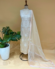 Organza Chikankari Unstitsched Kurta And Dupatta Set- Cream Latte