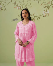 Muslin Chikankari Co-ord Set - Fuchsia Pink