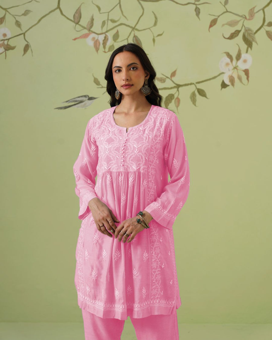 Muslin Chikankari Co-ord Set - Fuchsia Pink