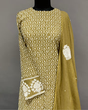 Mul Chanderi Chikankari Stitch 3pc Suit - Olive Green