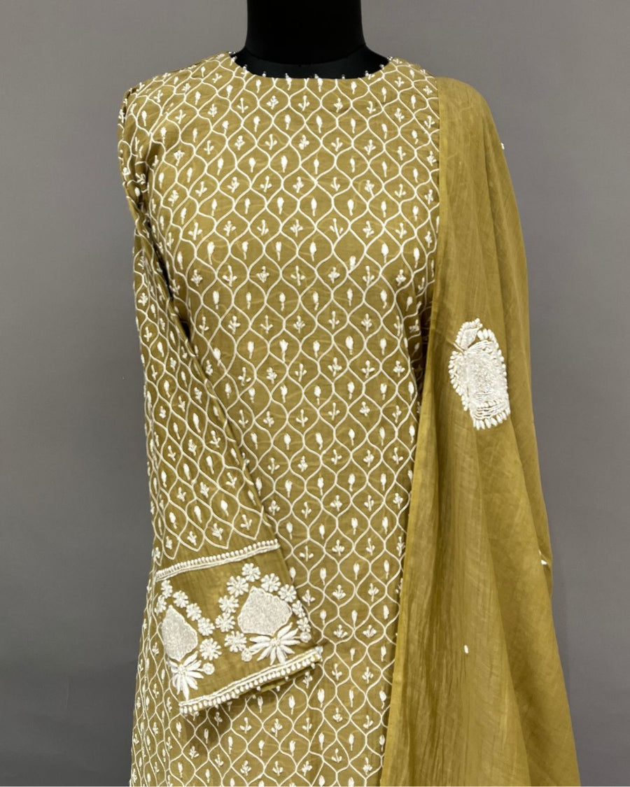 Mul Chanderi Chikankari Stitch 3pc Suit - Olive Green
