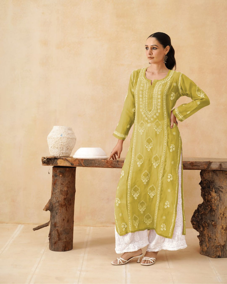Mul Chikankari Long Kurti - Pear Green
