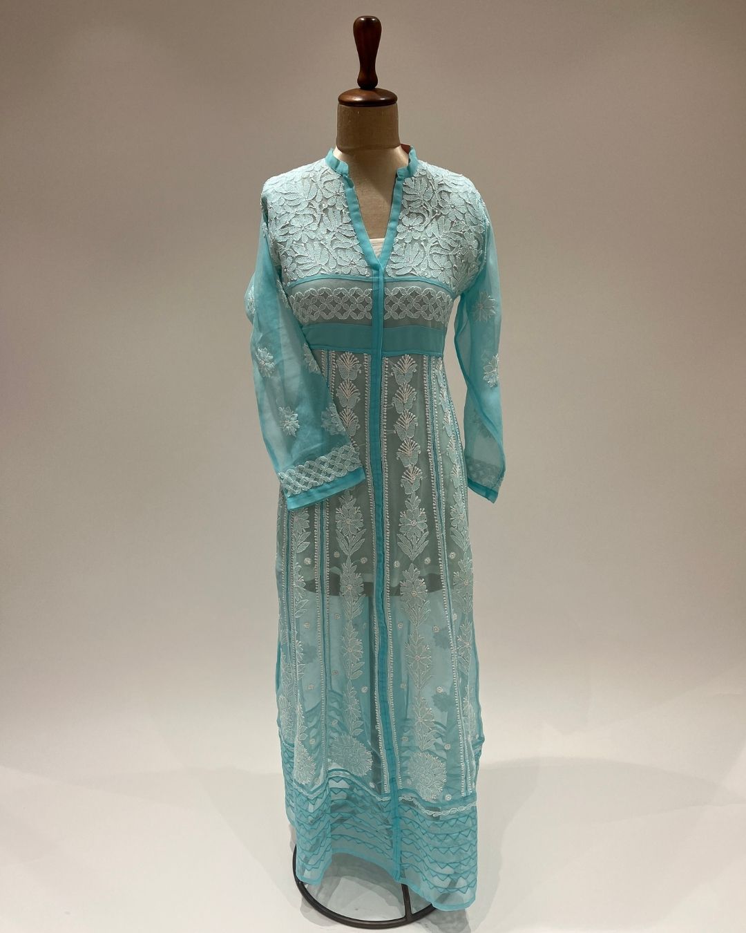 Georgette Anarkali Chikankari Kurta- Deep Sky Blue