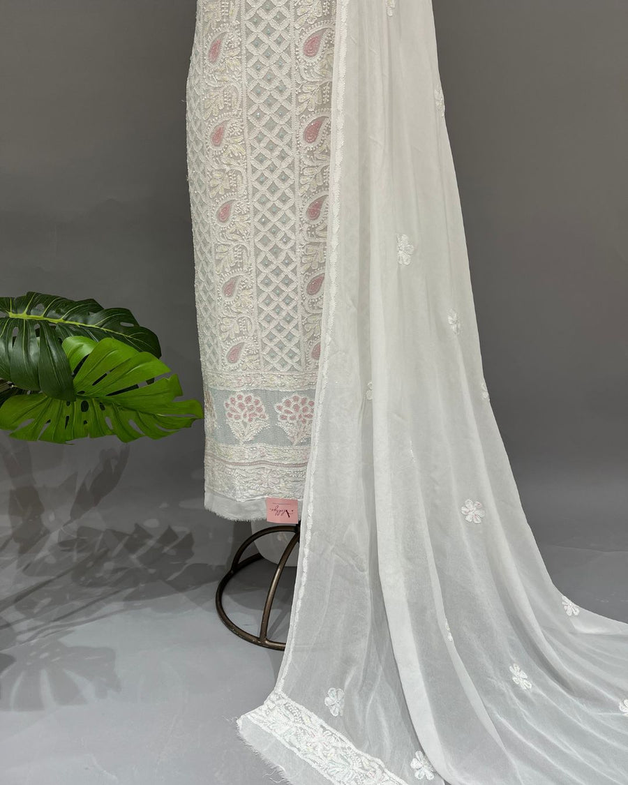 Viscose Chikankari Unstitched Suit Set - White