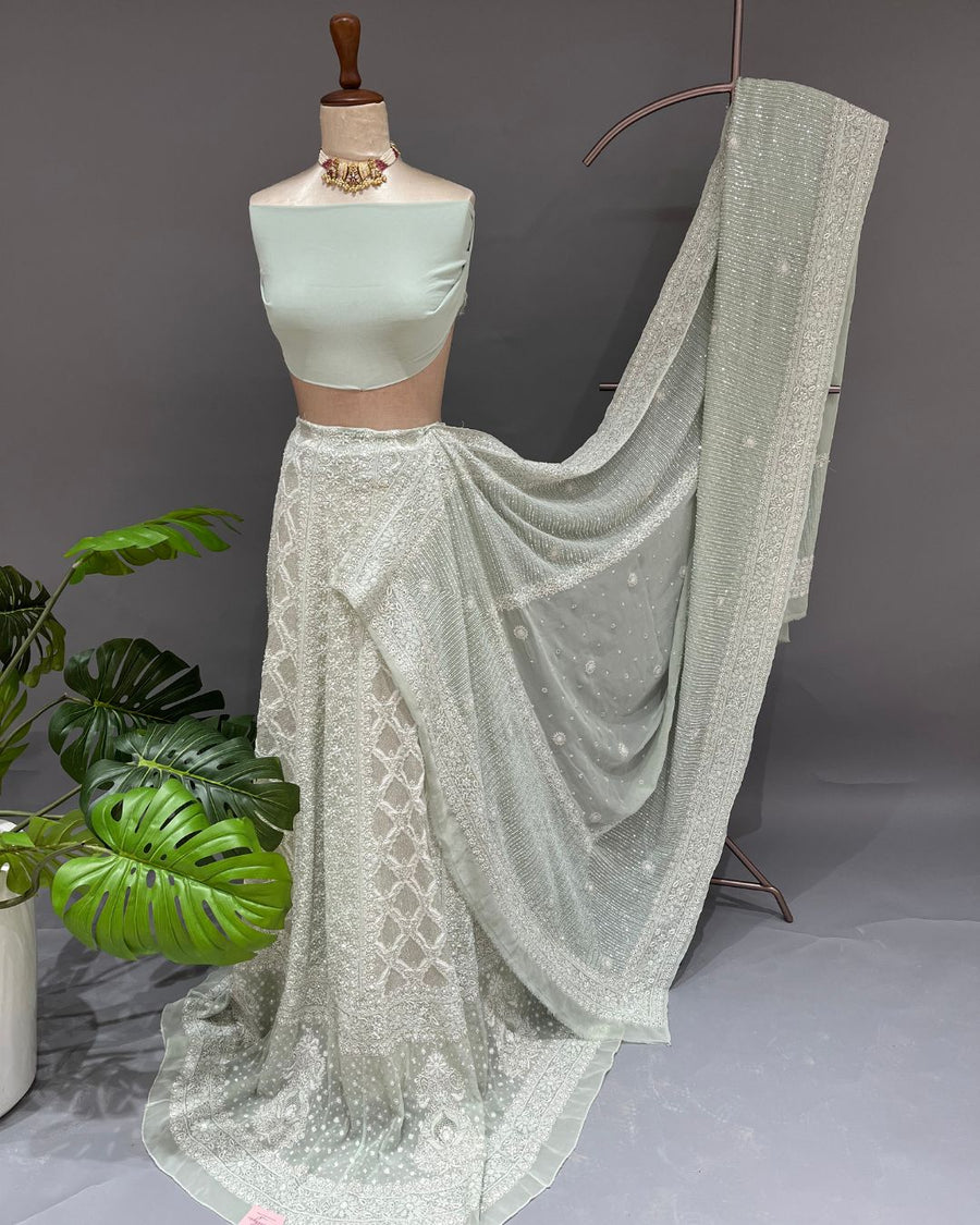 Pure Georgette Chikankari Unstitched Lehnga - Mint Green