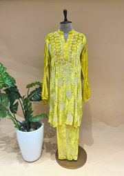 Velvet Chikankari Semistitched Co-ord Set - Sunshine Yellow