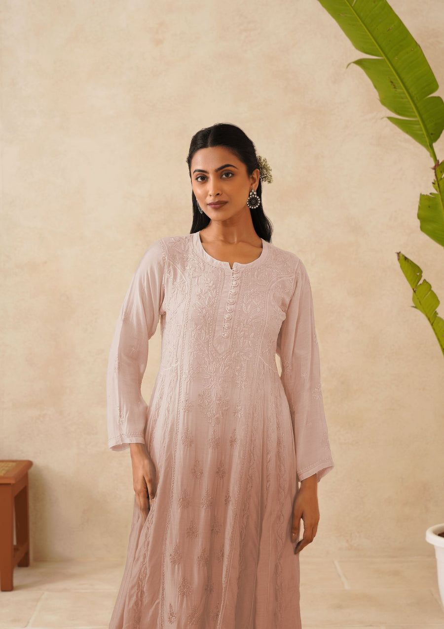 Muslin Chikankari Long Kurti - Ombre Dusty Mauve